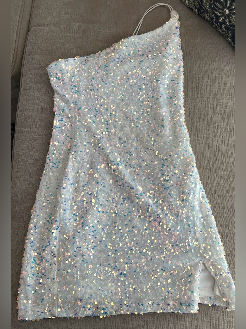 Iridescent White Sequin One-Shoulder Dress